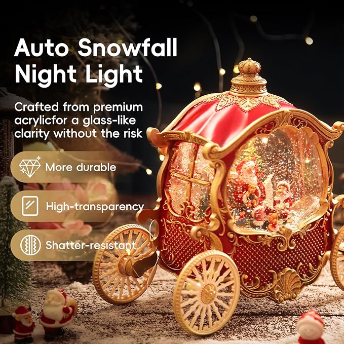 Christmas Snow Globe Carriage with Santa Claus – Vintage 8 Songs Musical Box, Automatic Snowfall, Led Light, USB or Battery Powered,for Christmas Festival Home Fall Decoration Gifts, Red