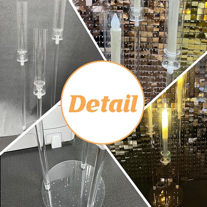 6 Set 3 Arms Acrylic Candelabra Centerpieces for Wedding Table Decorations,30.7" Clear Candlesticks Holder with Acrylic Shade for Valentine's Day Dinner Party Fireplace Decor Fit LED Candle