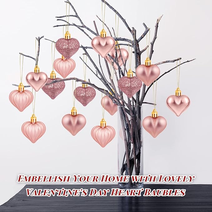 Elcoho 48 Pieces Valentine's Day Heart Shaped Baubles Hanging Heart Ornaments Valentines Tree Decorations for Valentines Day Ornaments Party Wedding Anniversary Decor, Rose Gold