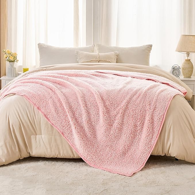 EMME Soft Sherpa Fleece Blanket Reversible Plush Fluffy Large Blanket, Light Weight Warm Decorative Boho Blanket Cover for Sofa, Couch, Bedroom,Travel(Plush Pink,60"x80")