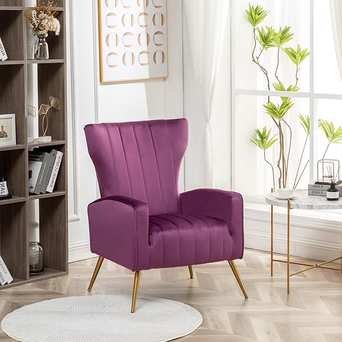 Modern Velvet Accent Chair, Channel Tufted Bedroom, Office or Living Room Furniture with Elegant Metal Legs, 26" Wide Armchair, Purple