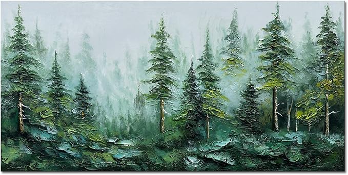 Alenoss Hand Painted Modern 3D Abstract Oil Painting 24x48 Inches Large Forest Landscape Textured Canvas Wall Art Green Artwork for Wall Decoration