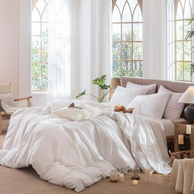 MooMee Striped Duvet Cover Set 100% Washed Cotton Linen Like Textured Breathable Durable Soft Comfy (White Heathered Greyish Pink Wide Stripes, Queen 90"x90")