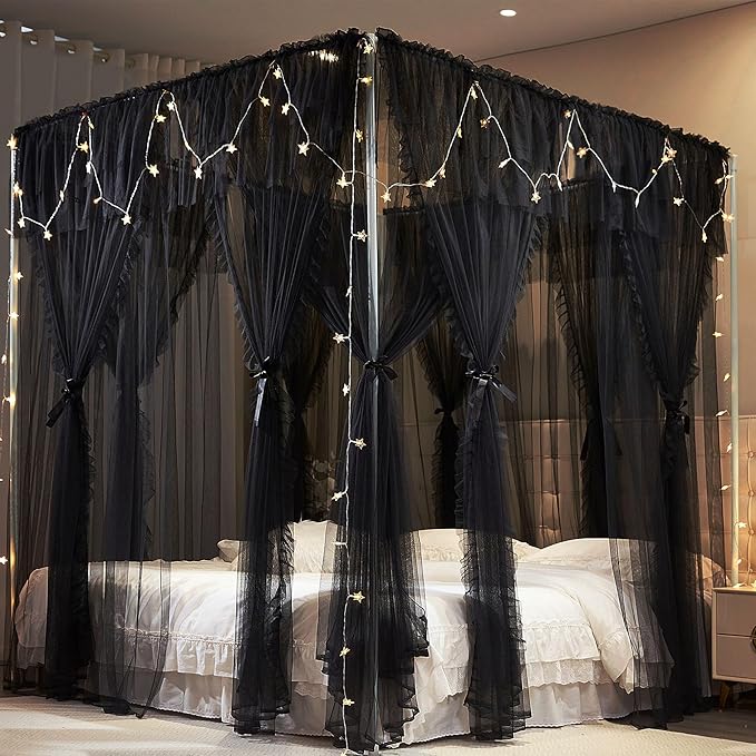 4 Corners Post Princess Curtains Bed Canopy for Girls 8 Panels Curtain- Double Layer Sheer Mesh Canopies Drapes Girls Room Decor (8P-Black/Black, 4P(43"x82") W+4P(43"x82") L/(King))