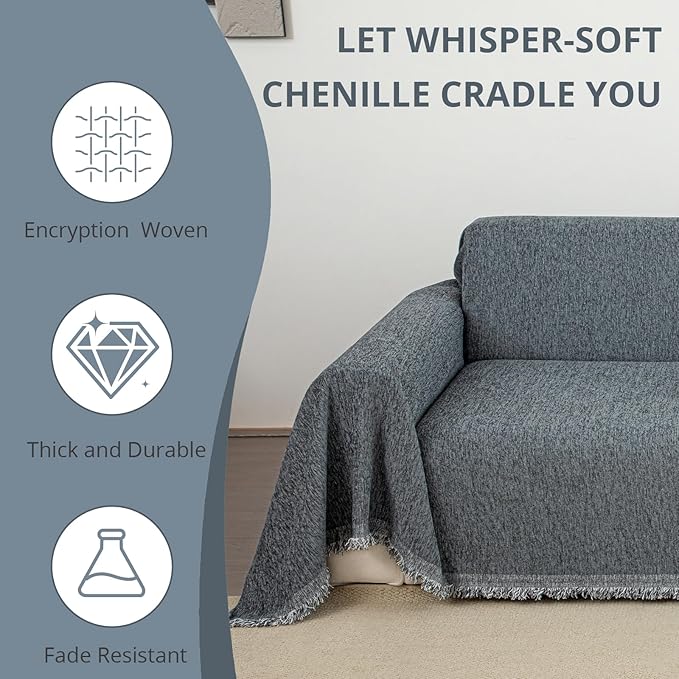 Couch Cover for Dogs, Non Slip Sofa Cover, Washable Couch Covers, 2 Cushion Sofa for Dogs Furniture Protector with Tassels Chenille Sofa Covers for Pets (Vertical Pattern Dark Gray)