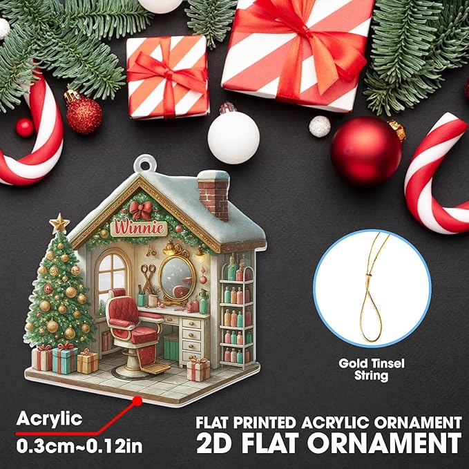 Personalized Hair Salon Christmas Ornament 2025, Custom Name Acrylic Barber Shop Decor, 2D Flat Xmas Tree Ornament, for Hairdresser & Stylist