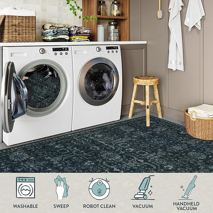 Lahome Washable 9x12 Area Rugs for Living Room,Black Boho Rugs for Bedroom,Dark Lurxry Non Shedding Carpet for Dining Room Apartment Dorm Office Aesthetic Decor
