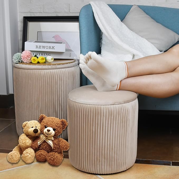 Round Ottoman with Storage Set of 2, Multi-Functional Velvet Vanity Stool for Bedroom, Ottomans Coffee Table Padded Seat Foot Rest for Living Room (Beige)
