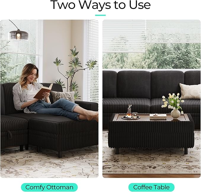 LINSY HOME Sectional Sleeper Sofa Storage Ottoman Bench, Convertible Coffee Table Plush Corduroy Couch Ottoman Footstool for Living Room, Bedroom Entryway and Family Room, Black