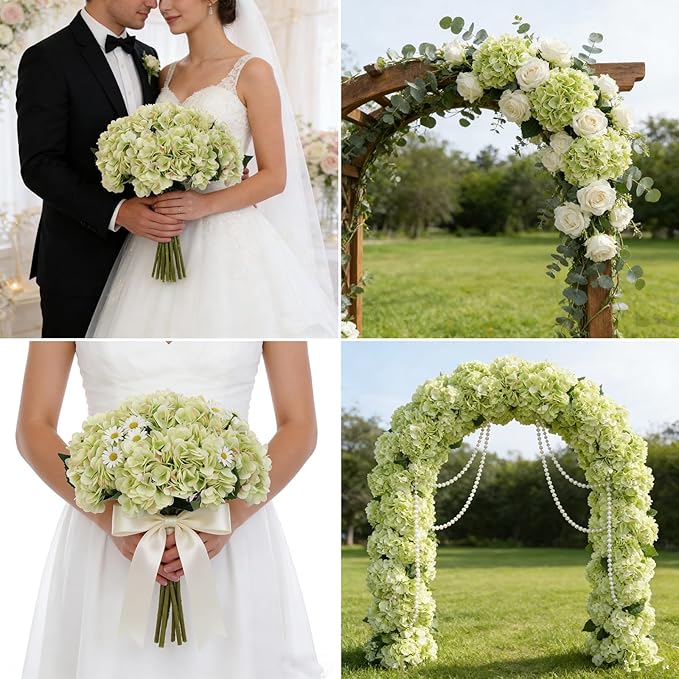 Kimura's Cabin 6pcs Green Silk Hydrangea Artificial Flowers Fake Hydrangeas with Stems Faux Hydrangea Bouquets for Wedding Arrangements Home Party Table Decoration (Lime Green)
