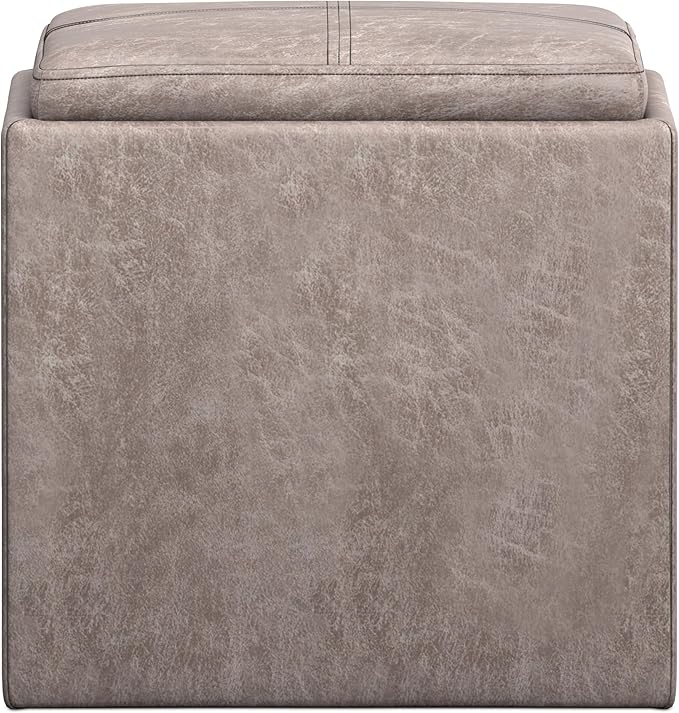 SIMPLIHOME Rockwood Cube Storage Ottoman with Tray - 17 inch Wide Upholstered Vegan Leather Square Storage Ottoman in Distressed Grey Taupe, Contemporary Cube Ottoman for Living Room with Serving Tray