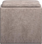 SIMPLIHOME Rockwood Cube Storage Ottoman with Tray - 17 inch Wide Upholstered Vegan Leather Square Storage Ottoman in Distressed Grey Taupe, Contemporary Cube Ottoman for Living Room with Serving Tray