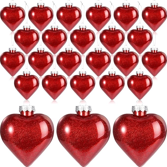 Civaner 24 Pcs Large Valentine's Day Heart Shaped Ornaments Outdoor, Glitter Heart Shaped Baubles with Pre-Strung Wire, Romantic Home Hanging Decorations for Valentine Tree (Red)