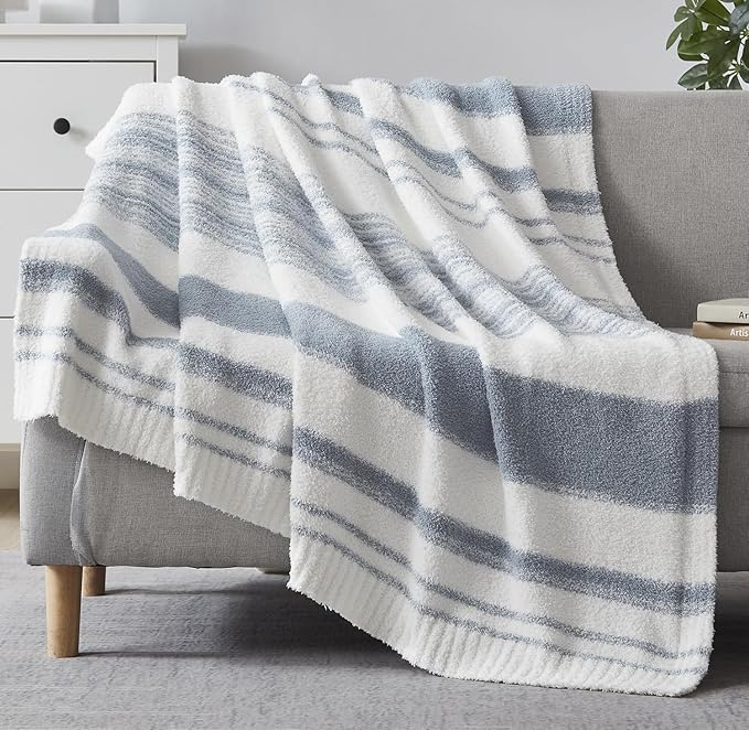 WRENGONGE Grey Blue Throw Blanket, 50x70 Soft Cozy Striped Throw Blankets for Couch, Sofa, Bed, Travel, Lightweight Fluffy Warm Plush Decorative Blankets for Women, Men Gift