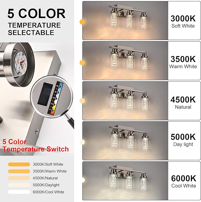 MELUCEE 3 Light LED Bathroom Light Fixtures 3000K-6000K Dimmable Vanity Lights Bathroom Lights Over Mirror Brushed Nickel Wall Light Fixture with Crystal Bubble Clear Glass Shade, Built-in LED Chips
