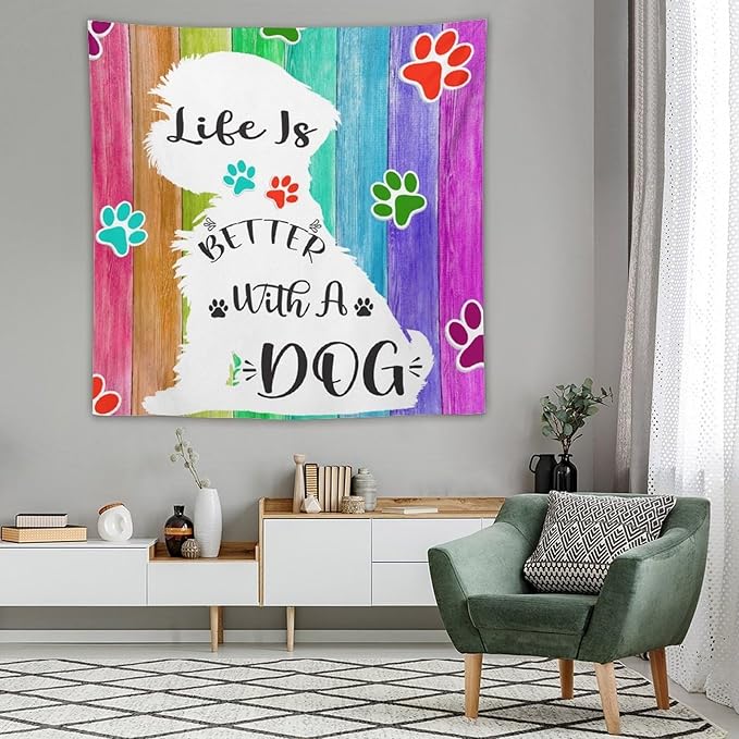 VUMIVI Cute Dog Tapestry Rainbow Color Planks Rustic Farmhouse Home Decor Pet Paws Tapestry Wall Hanging for Living Room Bedroom Dorm Classroom Aesthetic Decor W60xL60in