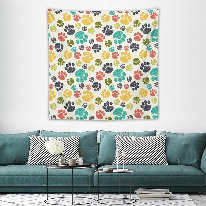 VUMIVI Dog Paw Tapestry Hand Painted Colorful Animal Footprints Doodle Kids Painting Tapestry Wall Hanging for Living Room Bedroom Dorm Classroom Aesthetic Decor W60xL60in
