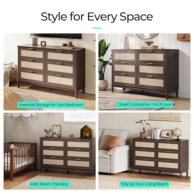 LINSY HOME Rattan Dresser with 6 Deep Drawers, 47" Wide Long Chest of Drawers, Mid Century Modern Tall Dresser, Large Wood Boho Storage Cabinet for Bedroom with Metal Handle and Durable Legs, Walnut