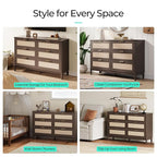 LINSY HOME Rattan Dresser with 6 Deep Drawers, 47" Wide Long Chest of Drawers, Mid Century Modern Tall Dresser, Large Wood Boho Storage Cabinet for Bedroom with Metal Handle and Durable Legs, Walnut