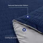 HYMOKEGE Navy Blue/Light Grey Queen Comforter Set Seersucker 7 Pieces, All Season Luxury Bed in a Bag Queen for Bedroom, Bedding Set with Comforter, Sheets, Pillowcases & Shams