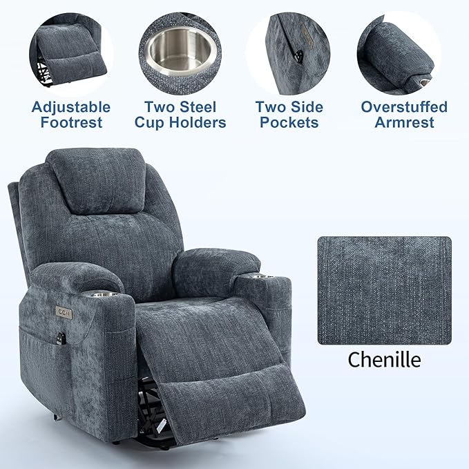Electric Lift Recliner Chair, Overstuffed Zero-Gravity Recliner with Assisted Standing, Extra Wide Sofa with 8-Point Vibration Massage & Lumbar Heating, Medium-Soft, Blue