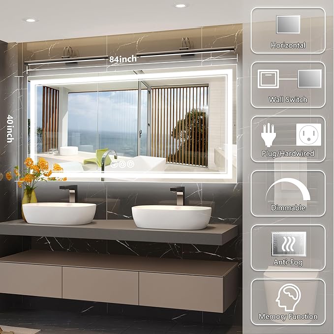 84x40 Inch Led Mirror for Bathroom with Front Light and Backlit, Bathroom Mirror with Led Lights, Vanity Mirror with Lights for Wall, Anti-Fog, Dimmable, Memory Function, Tempered Glass