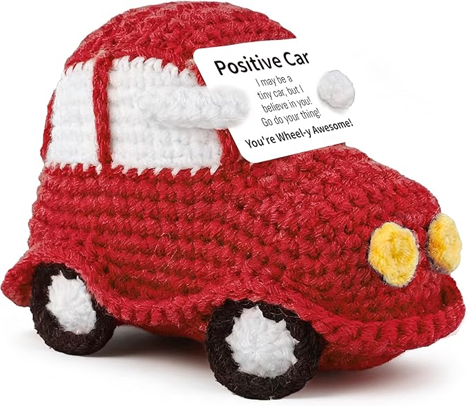 Positive Funny Crochet Car, Emotional Support Mini Handmade Crochet Gift, Inspirational Birthday Gifts for Men Women Friends Boyfriend Dad Coworker, Red