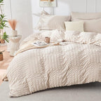 HYMOKEGE Beige Oversized Queen Comforter Set Seersucker 7 Pieces, All Season Luxury Bed in a Bag for Bedroom, Bedding Set with Comforter, Sheets, Pillowcases & Shams