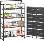 4NM No Assembly Extra Wide 4 Tiers Folding Bookshelf Storage Shelves Vintage Bookcase Standing Racks Study Organizer Home Office (All Black)
