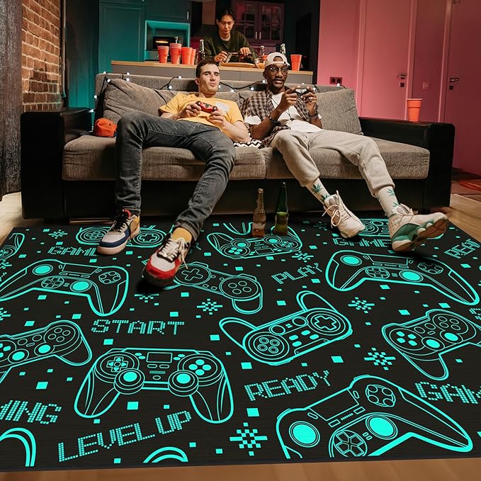 4x6 Gaming Rug for Boys Room - 3D Printed Games Theme Fluorescent Green Gamer Area Rug for Livingroom Teen Boy Gamer Room Rug Decor Video Game Area Carpet for Bedroom,Game Room