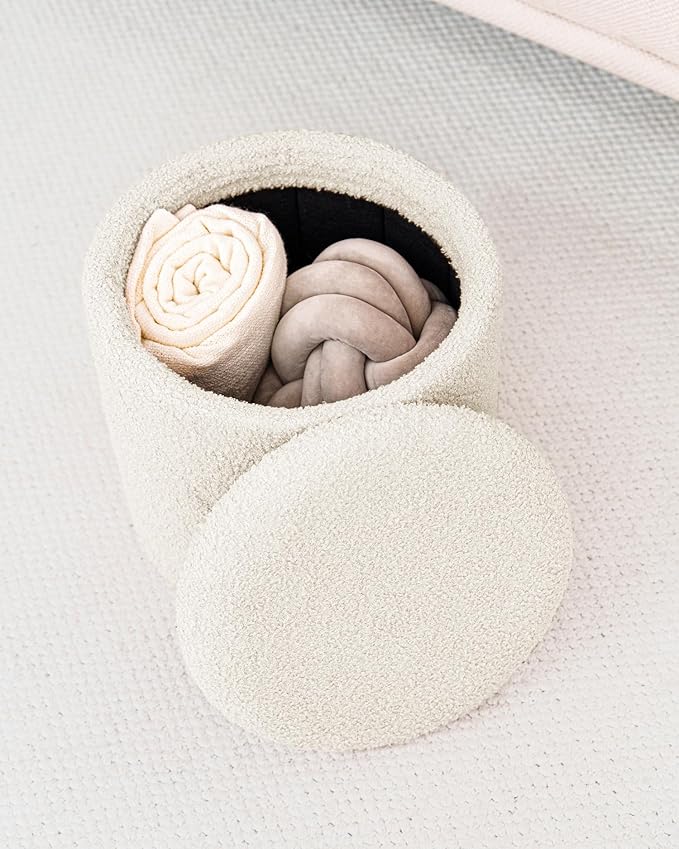 Round Ottoman with Storage, Boucle Foot Rest Stool with Reversible Tray Lid, Folding Teddy Ottoman Coffee Table for Dorm Living Room Bedroom Entryway, White,13" x 13" x 13.8"