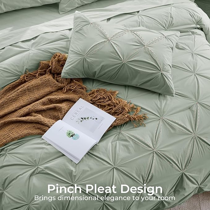 Sasttie Full Size Comforter Set, 7-Piece Bed in a Bag Double, Pintuck Bedding Set for All Season, Includes Comforter, Flat Sheet, Fitted Sheet, Pillowcases and Pillowshams, Sage Grey