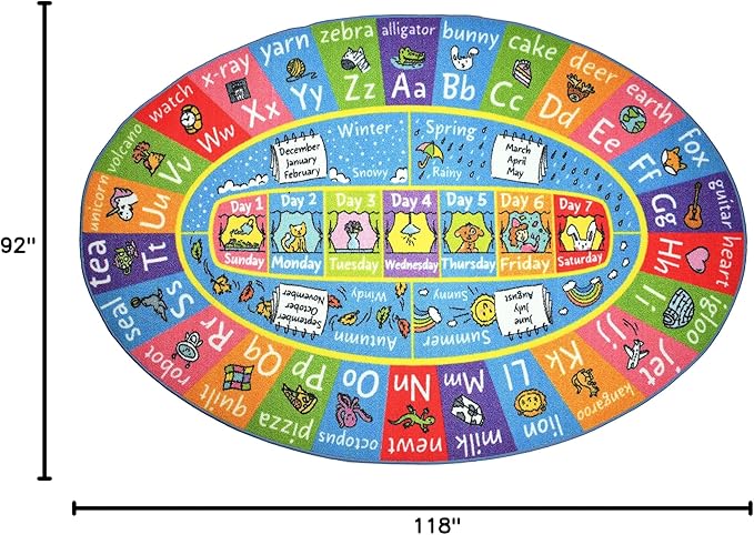 KC Cubs Educational Kids Rug – ABC Alphabet, Seasons, Months & Days Learning Mat – Soft Interactive Carpet for Classroom, Playroom & Bedroom 8x10 Oval