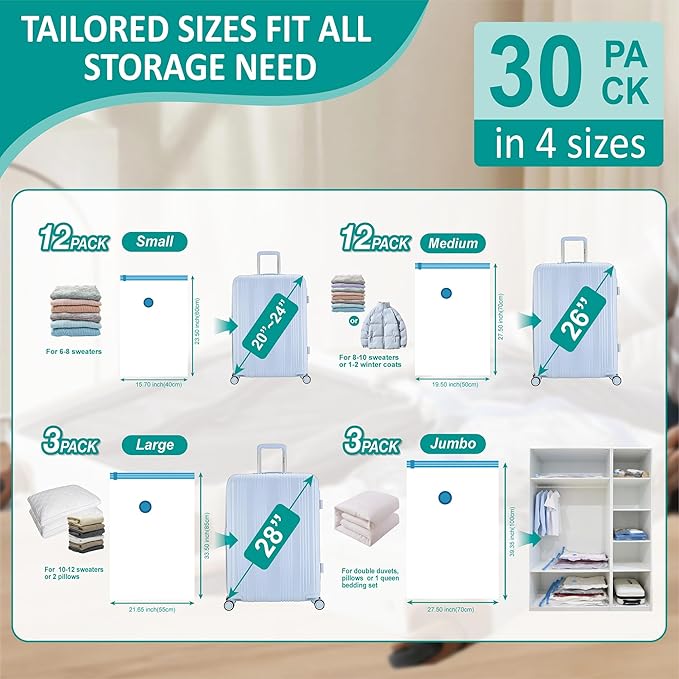 30 Pack Vacuum Storage Bags with Rechargeable Wireless Electric Pump, Vacuum Seal Space Saver Bags for Clothing, Pillows, Blanket, Bedding, Comforter