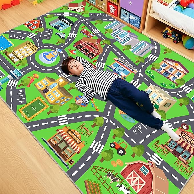 Kids Room Rug - Soft & Non-Slip 5x7 Ft Town Car Rug City Map Play Mat, Childrens Road Catpet Washable Rug for Classroom Nursery Bedroom Boys