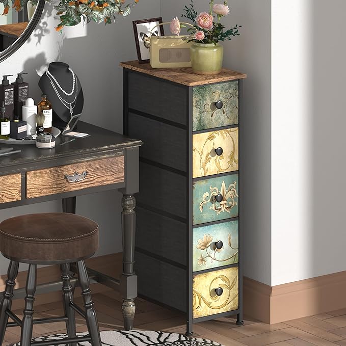 Tohomeor Narrow Storage Dresser Slim Dresser with Retro Flowers Fabric Drawers Vertical Skinny Cabinet for Small Spaces,Bathroom,Bedroom Closet Nightstand,Entryway Organizer (Retro Flower, 5 Drawers)