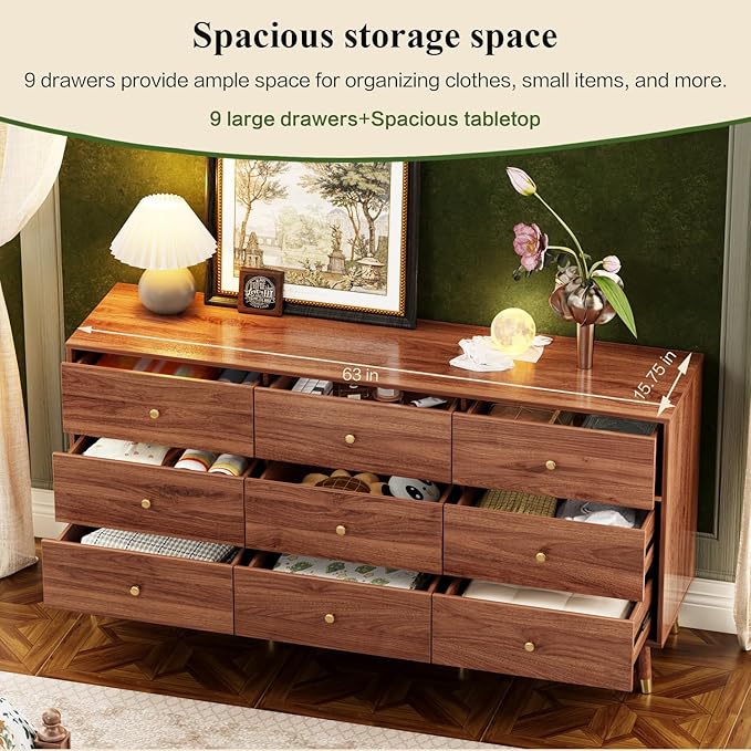 9 Drawer Dresser,63" Wide Mid Century Modern Chest of Drawers,Wooden Bedroom Drawer Dresser with 9 Storage Drawers for Bedroom, Living Room,with Anti-Tipping Device,Chestnut