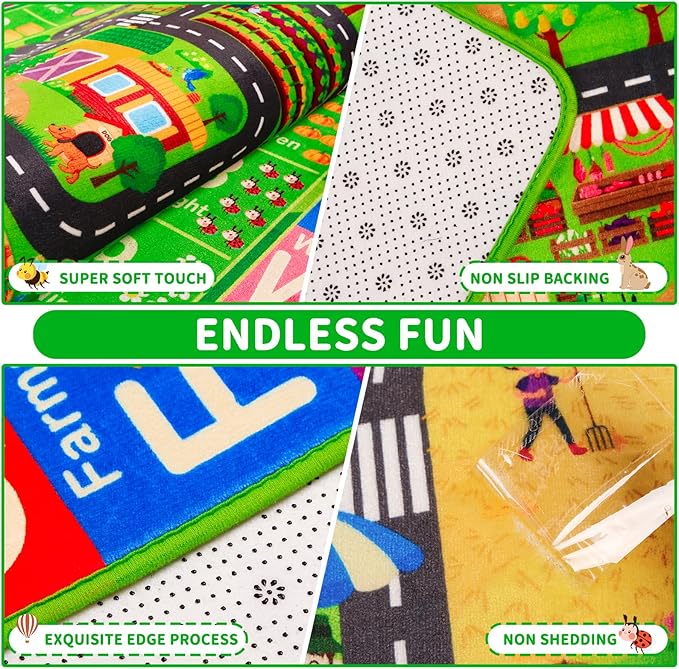 Kids Rug ABC Farm Play Mat for Toy Cars, 78.7"×59" Farm Life Road Traffic for Playroom Kids Car Road Rugs Village Map Play Mat Non-Slip Washable Play Rug for Toddlers Boys Room Playtime
