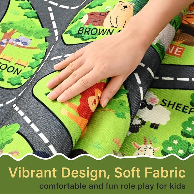 Zoo Adventure Kids Car Rug, Cute Animal Play Mat with Non-Slip Backing, Kids Carpet with Lions, Tigers & Giraffes for Educational and Fun Playtime, 60"x36"