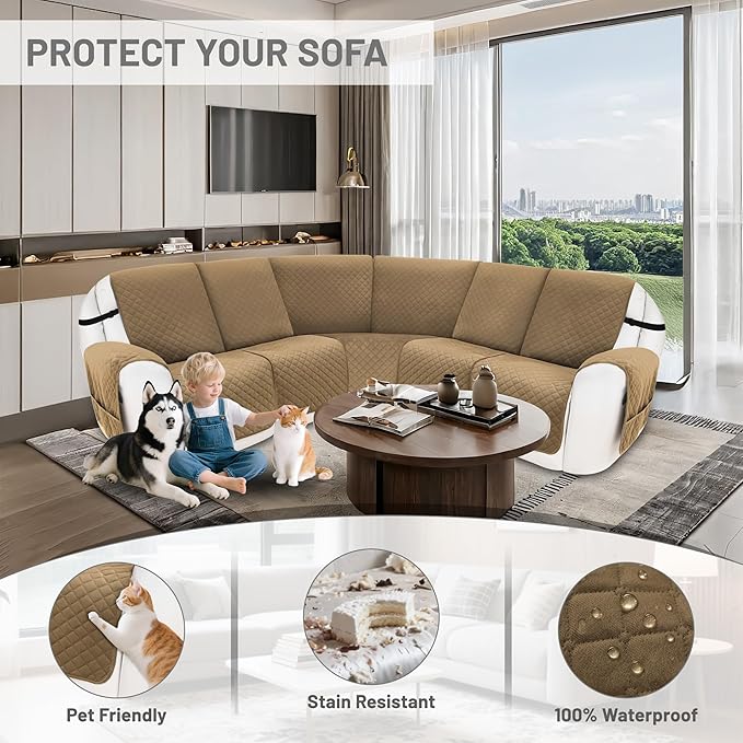 Recliner Sofa Covers 100% Waterproof Recliner Cover Washable Velvet L Shape Recliner Couch Covers for Sofa Pets Anti Slip Recliner Slipcovers with Pockets (5 Seat Sofa, Light Brown)