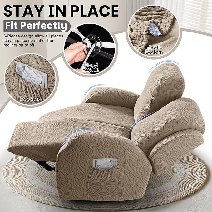 VANSOFY Recliner Loveseat Cover, 6-Pieces Stretch Dual Recliner Sofa Cover Soft Jacquard Reclining Couch Slipcover Furniture Protector with Elastic Bottom for Kid, Pets(2 Seat,Khaki)