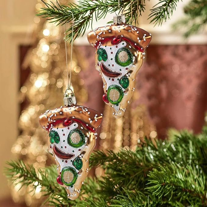 Funny Hanging Christmas Ornaments 2025 - Pizza Glass Blown Tree Decorations, 3D Food Premium Decorative Waterproof Holiday Decor for Xmas Home Outdoor Window Centerpiece Gifts