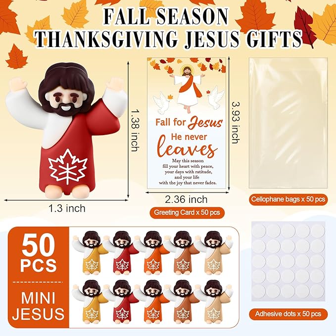 50 Pcs Thanksgiving Fall Jesus Figures Bulk 50 Fall for Jesus He Never Leaves Cards Little Maple Leave Figurines Greeting Cards Mini Pocket Figures for Religious Party Favors Gifts