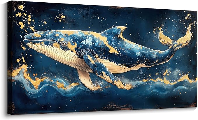 JEAWA Large Canvas Wall Art, 24x48 IN Ocean Blue Whale Animal Pictures Print Hand-drawn Gold Foil Texture Cool Wall Painting for Living Room Bedroom Kitchen Study Home Posters Decor