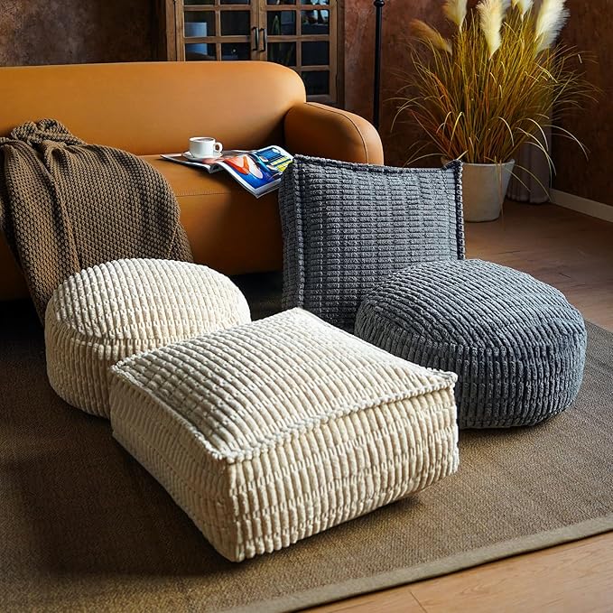 Unstuffed Pouf Ottoman Cover Soft Storage Extra Seat Farmhouse Comfortable Bohemian Poufs Accent Footrest 20x20x8 Inches for Living Room Bedroom Study Nook (Gray A, Square)
