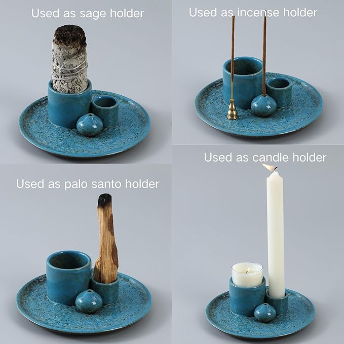 5 in 1 Incense Holder Burner, 5.9" Ceramic Holder for Burning Palo Santo Sage Candle and Incense Sticks Cones, Ash Catcher Tray for Meditation Room Home Décor(Blue)