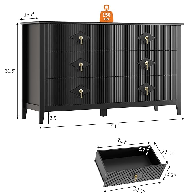 GarveeHome Fluted Dresser for Bedroom, 54 Inch Wide 6-Drawer Wood Dresser, Modern Chest of Drawers, Storage Organizer Cabinet for Living Room, Hallway, Entryway, Black