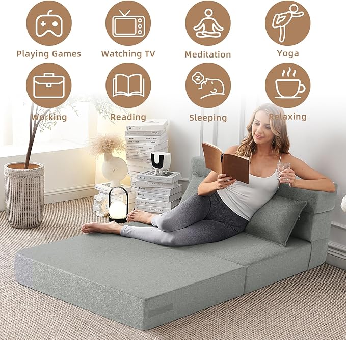 FILUXE Convertible Folding Sofa Bed - Sleeper Chair with Pillow, Modern Linen Fabric Floor & Futon Couch, Foldable Mattress for Living Room/Dorm/Guest/Home Office/Apartment, Standard Size, Light Gray