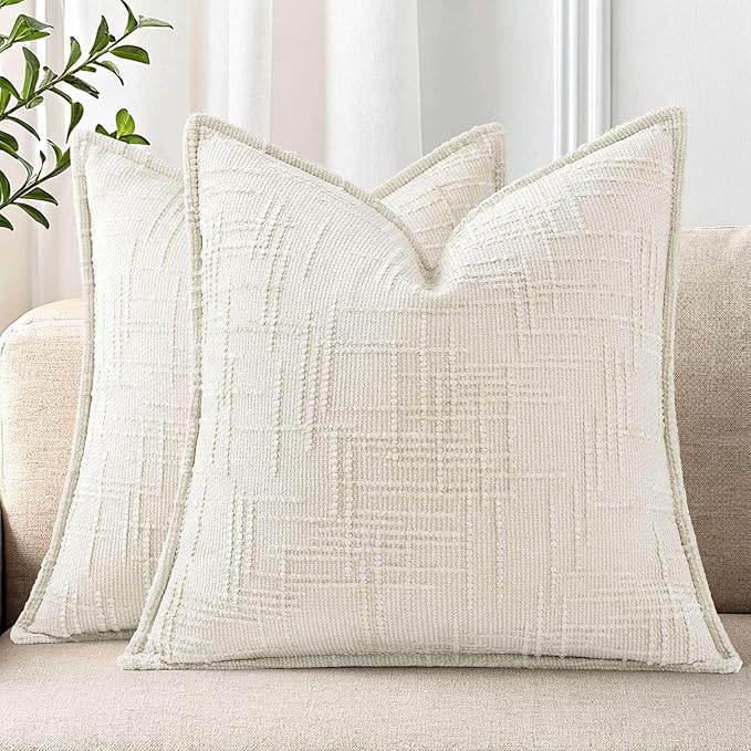 decorUhome Chenille Throw Pillow Covers 22x22 Set of 2, Thick Textured Slubby Neutral Decorative Pillow Covers with Elegant Design for Couch, Sofa, Living Room, Cream White