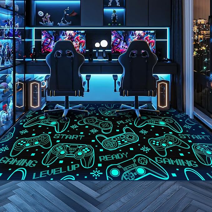 Gaming Rug for Boys Room - Games Theme Fluorescent Green Rug Gaming Room Decor Gamer Area Rugs for Bedroom Teen Boy Video Game Carpet for Kids Room & Bedroom Anti-Slip Mat 35.4x59 in